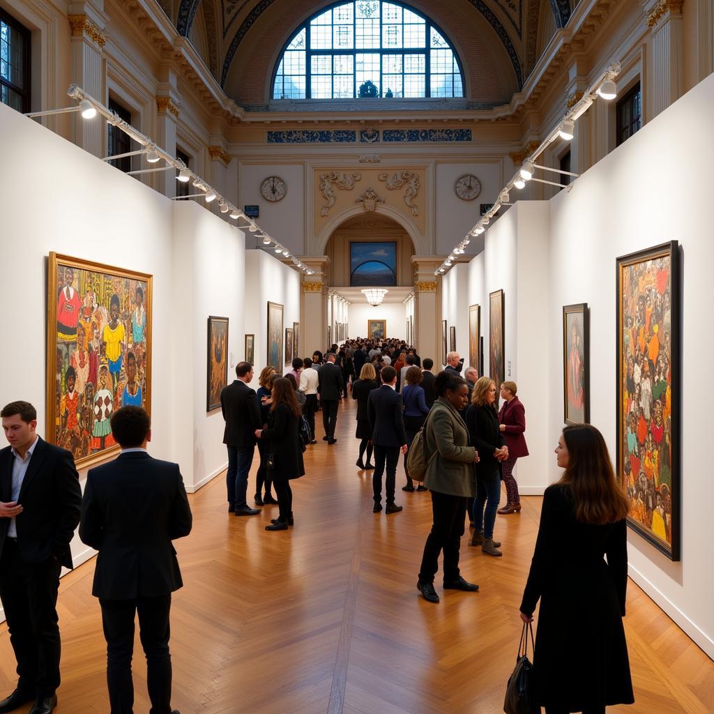 Visitors admiring artwork at the 1-54 Contemporary African Art Fair held in Somerset House, London.