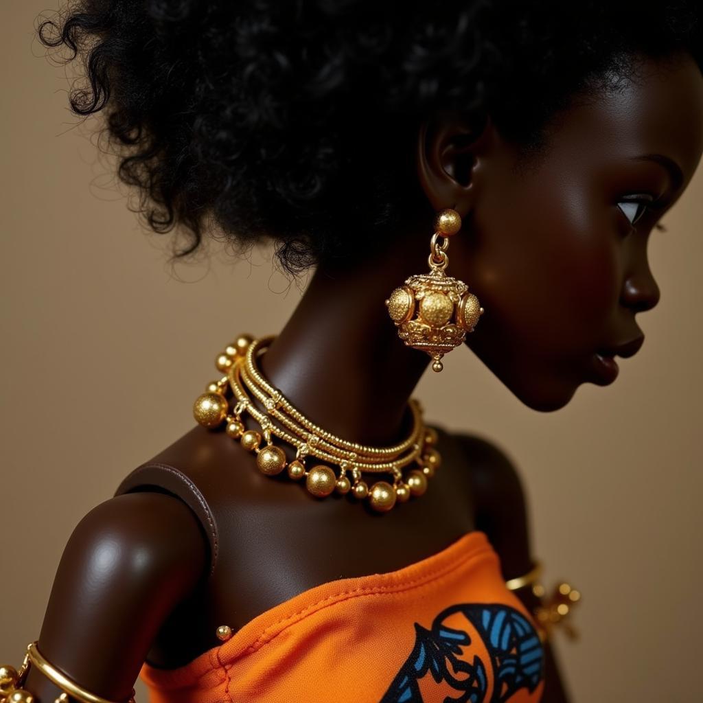 Close up of 2014 Holiday Barbie's accessories: golden earrings and bracelets