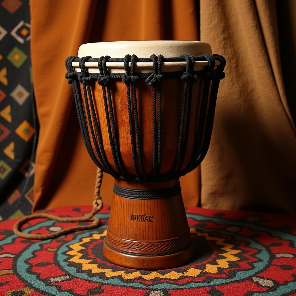 A close-up of an African talking drum, showcasing its intricate design and craftsmanship