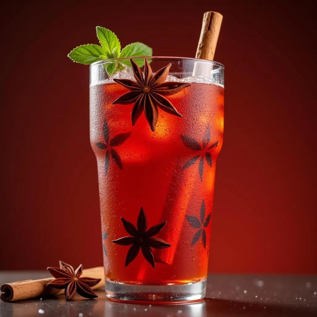 A tall glass of West African red tea garnished with cinnamon sticks and star anise