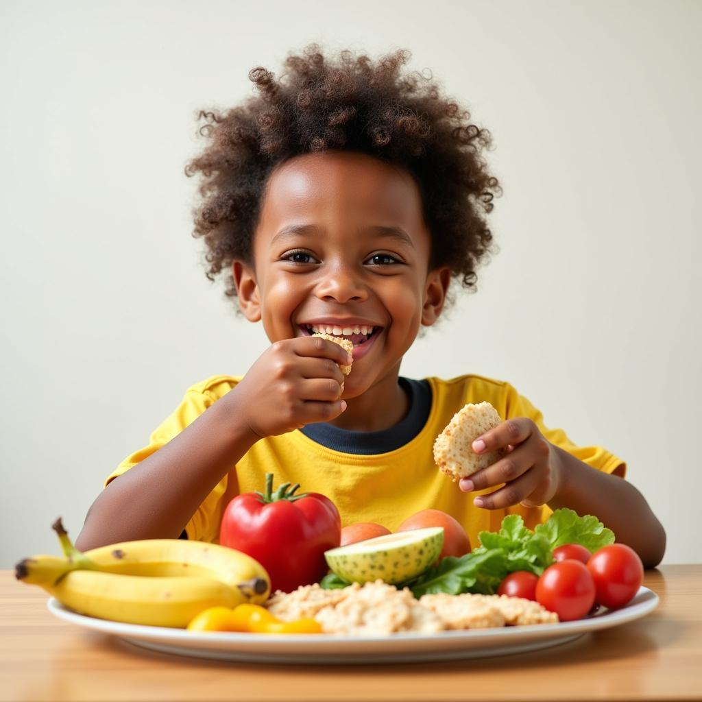 A young African American boy smiles while enjoying a healthy meal with fruits, vegetables, and protein, highlighting the importance of nutrition in childhood development.