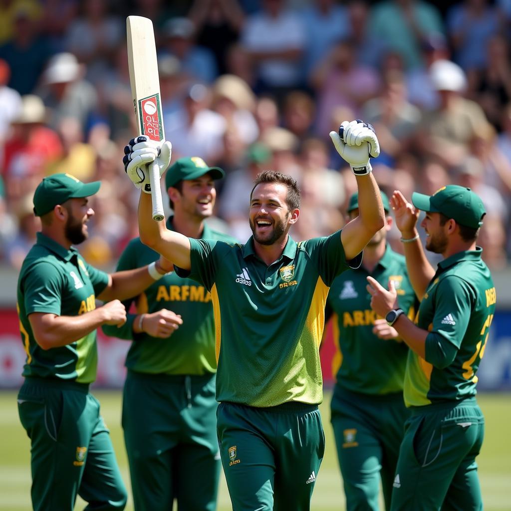 AB de Villiers celebrating a century with his South African teammates