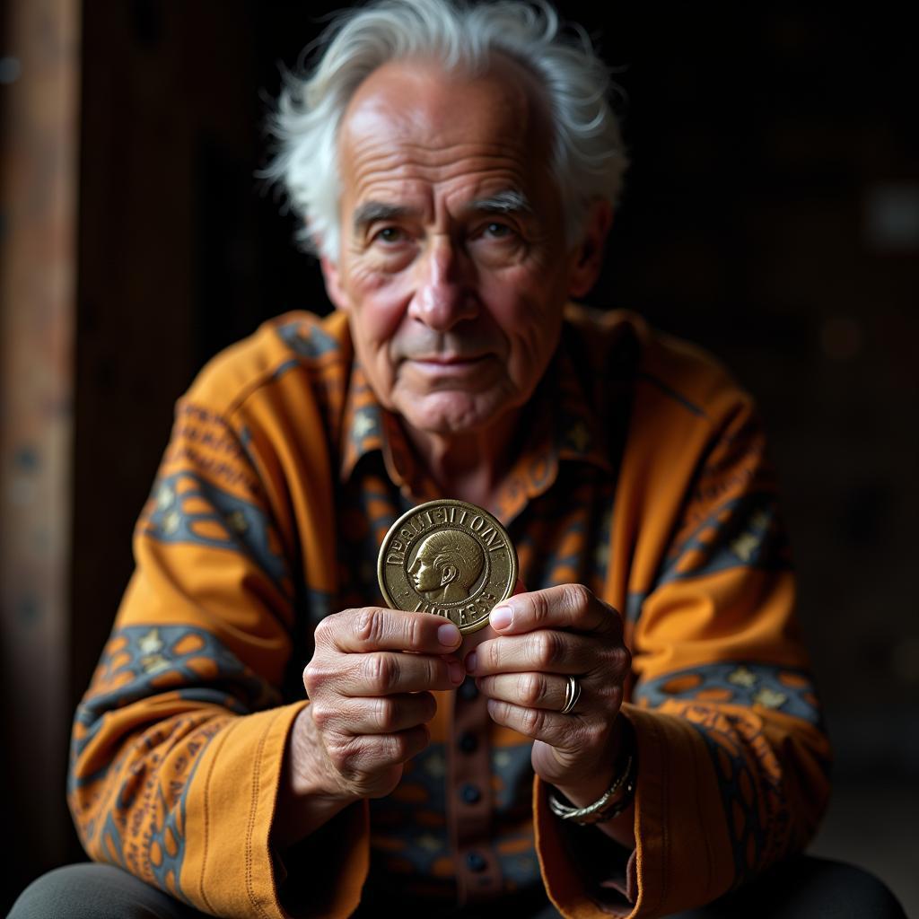 Aboriginal elder examining an ancient African coin