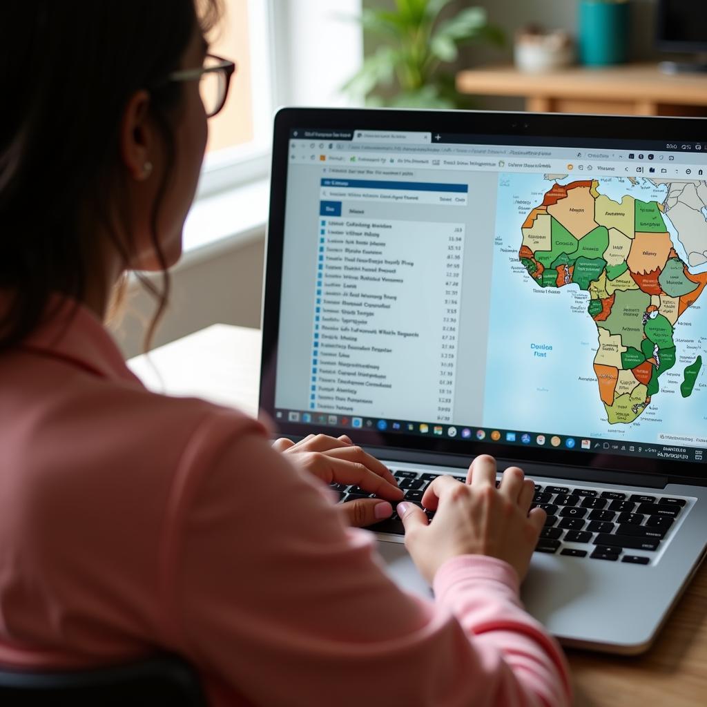 A person researching on a laptop with a map of Africa in the background