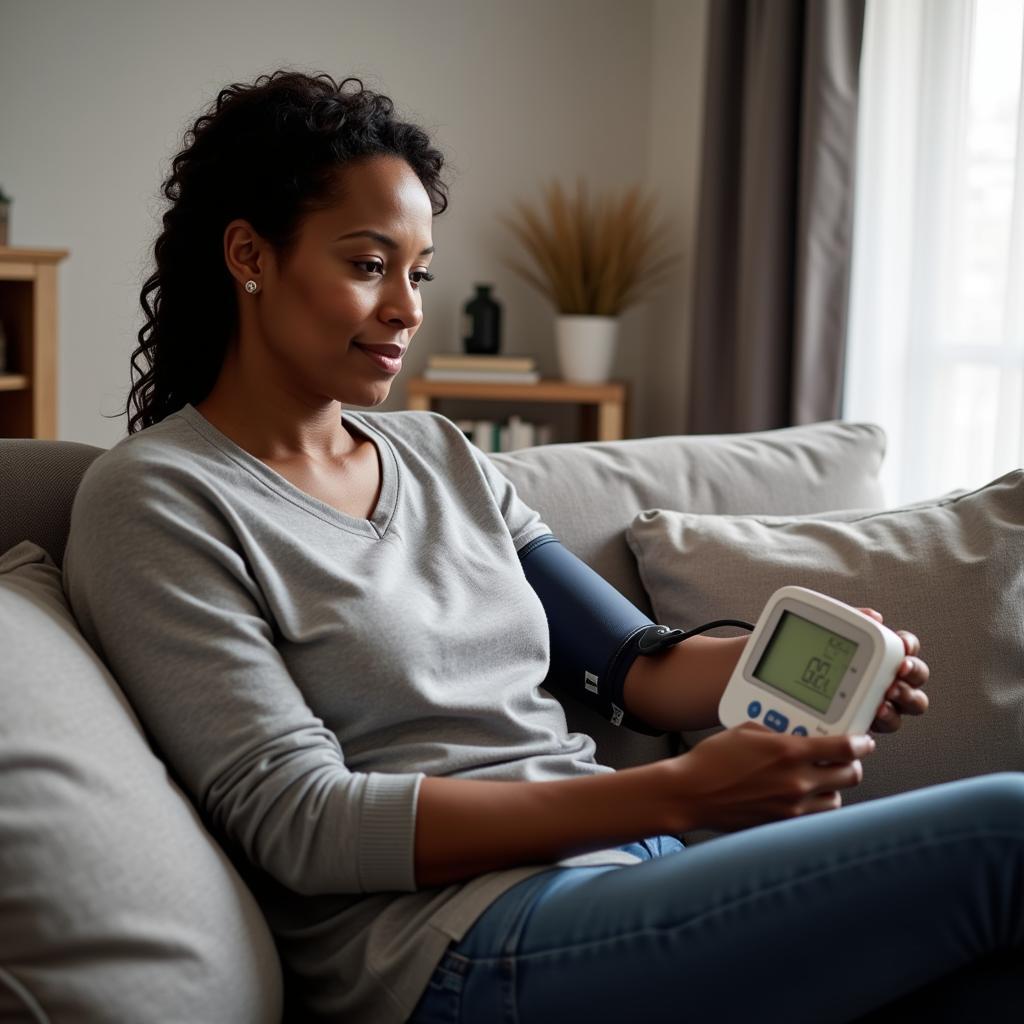 African American woman checking her blood pressure