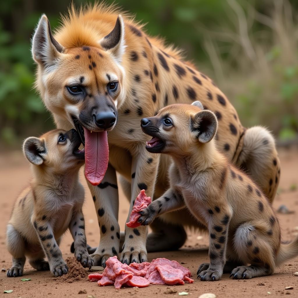 Adult Hyena Feeding Cubs