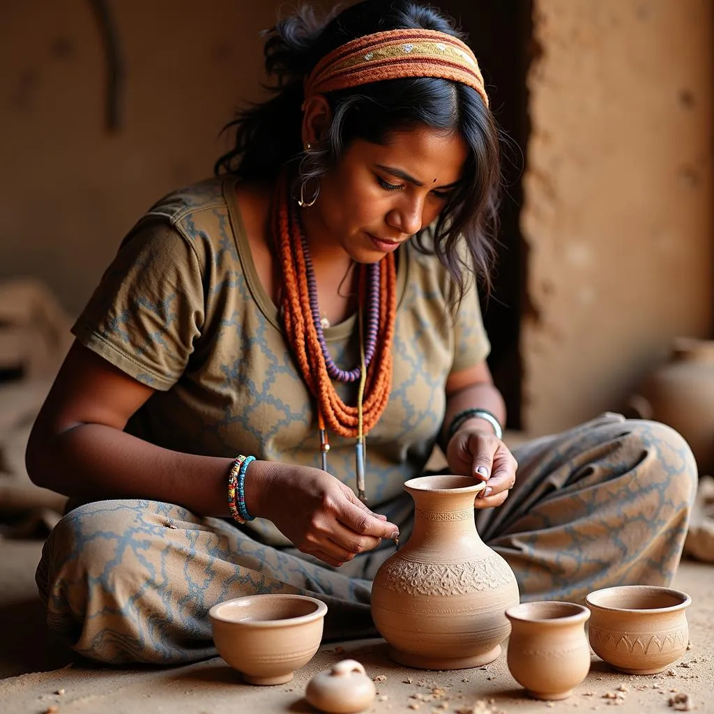 Adwasi woman in traditional clothing crafting pottery with intricate patterns