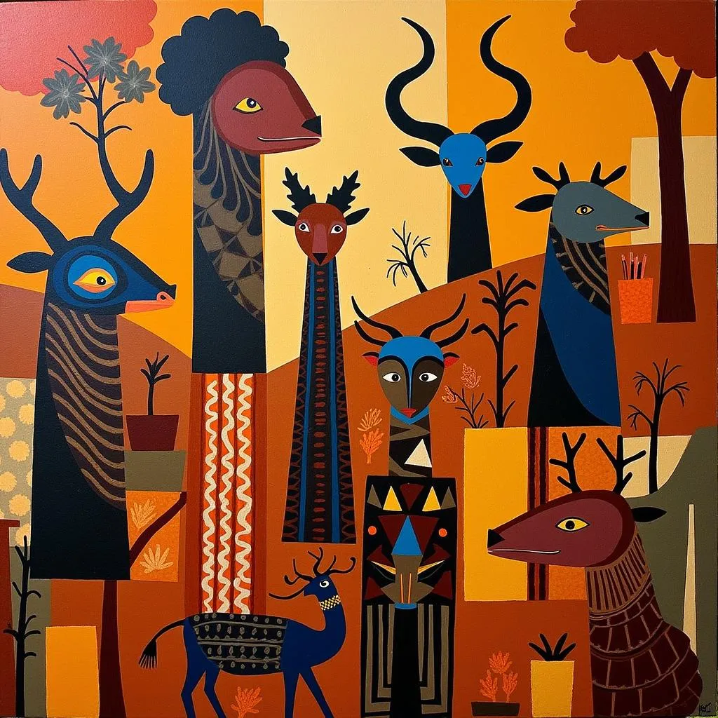 Abstract African art depicting cultural elements.