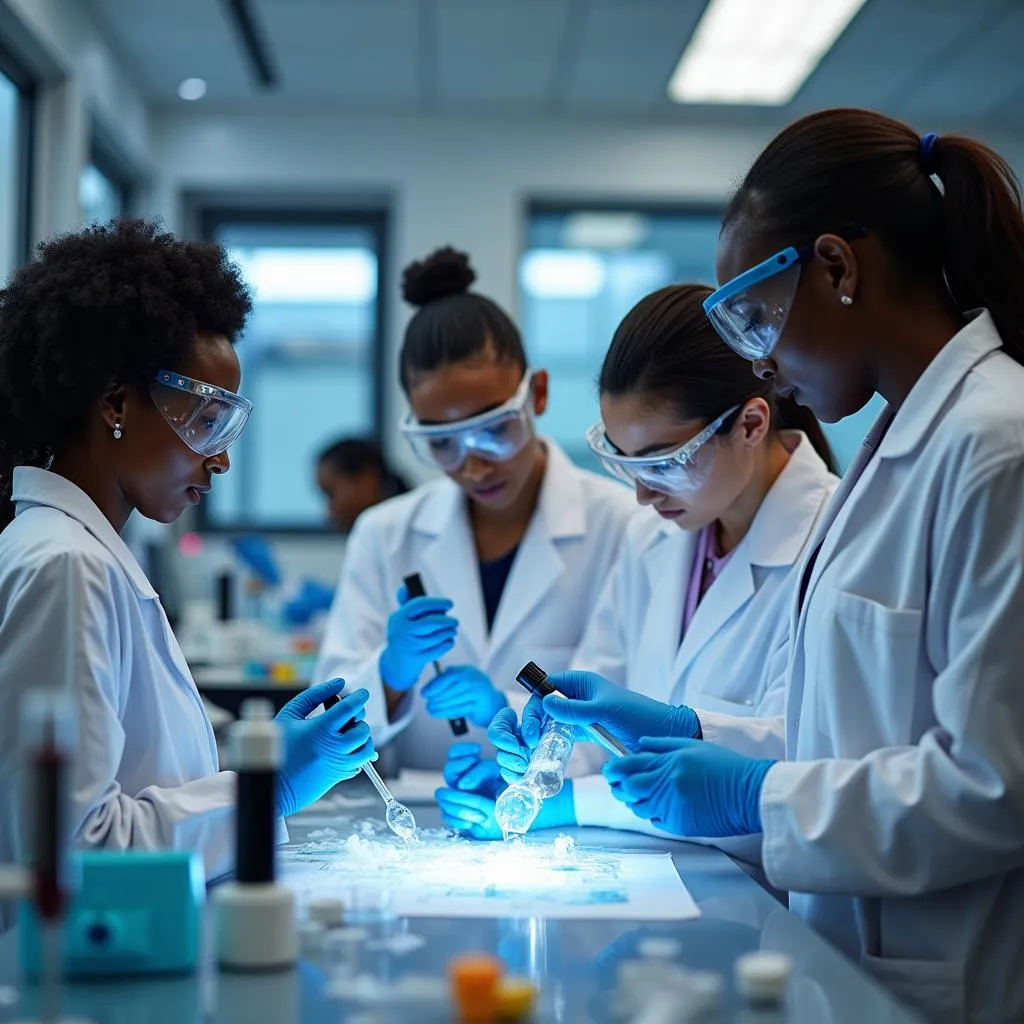 Researchers collaborating in a modern laboratory in Africa