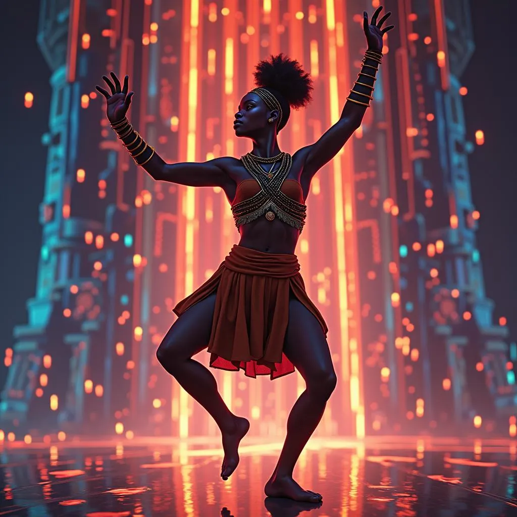 African acrobat performing with a digital background