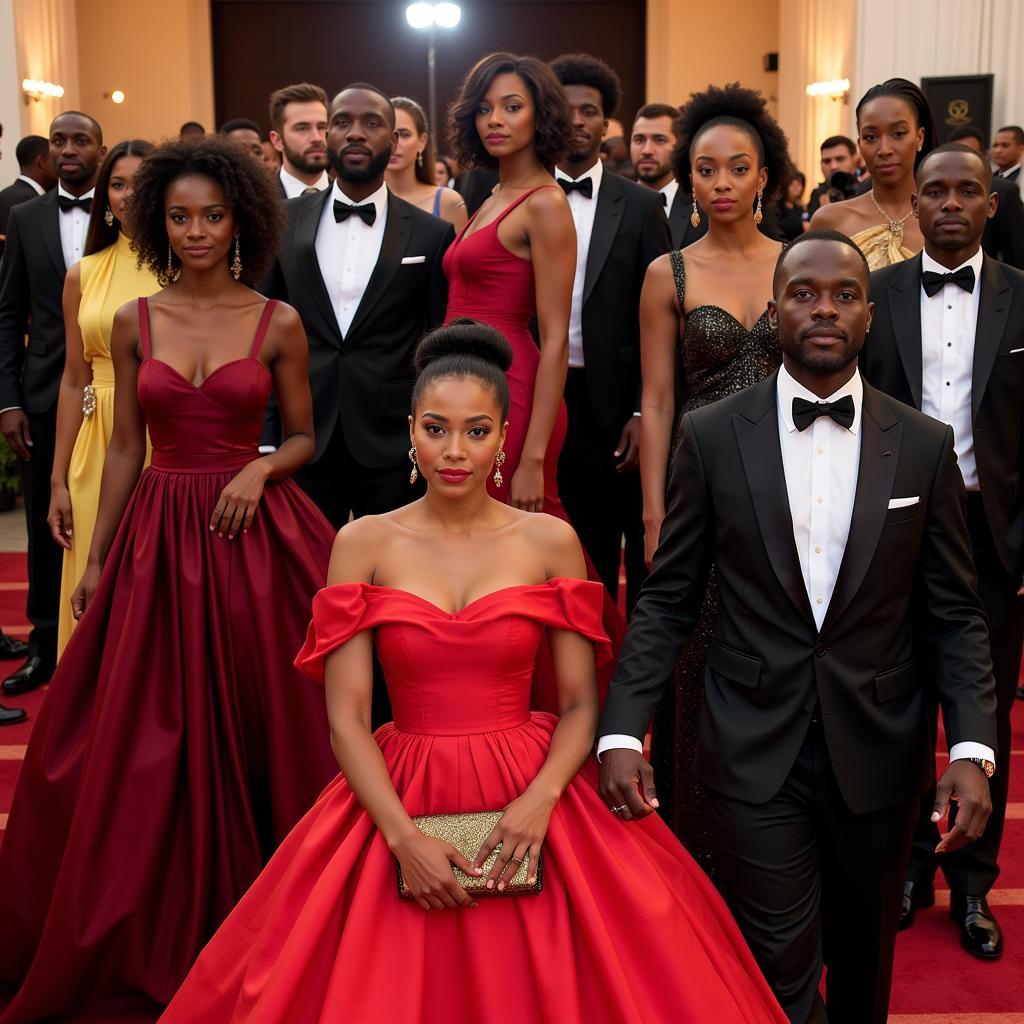 Group of smiling African actors posing on a red carpet