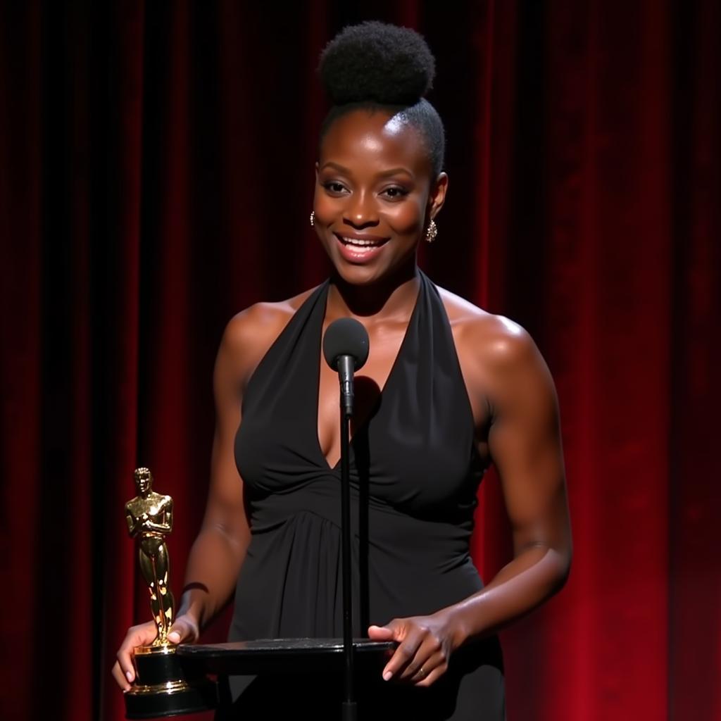 An African actress gives an acceptance speech on stage