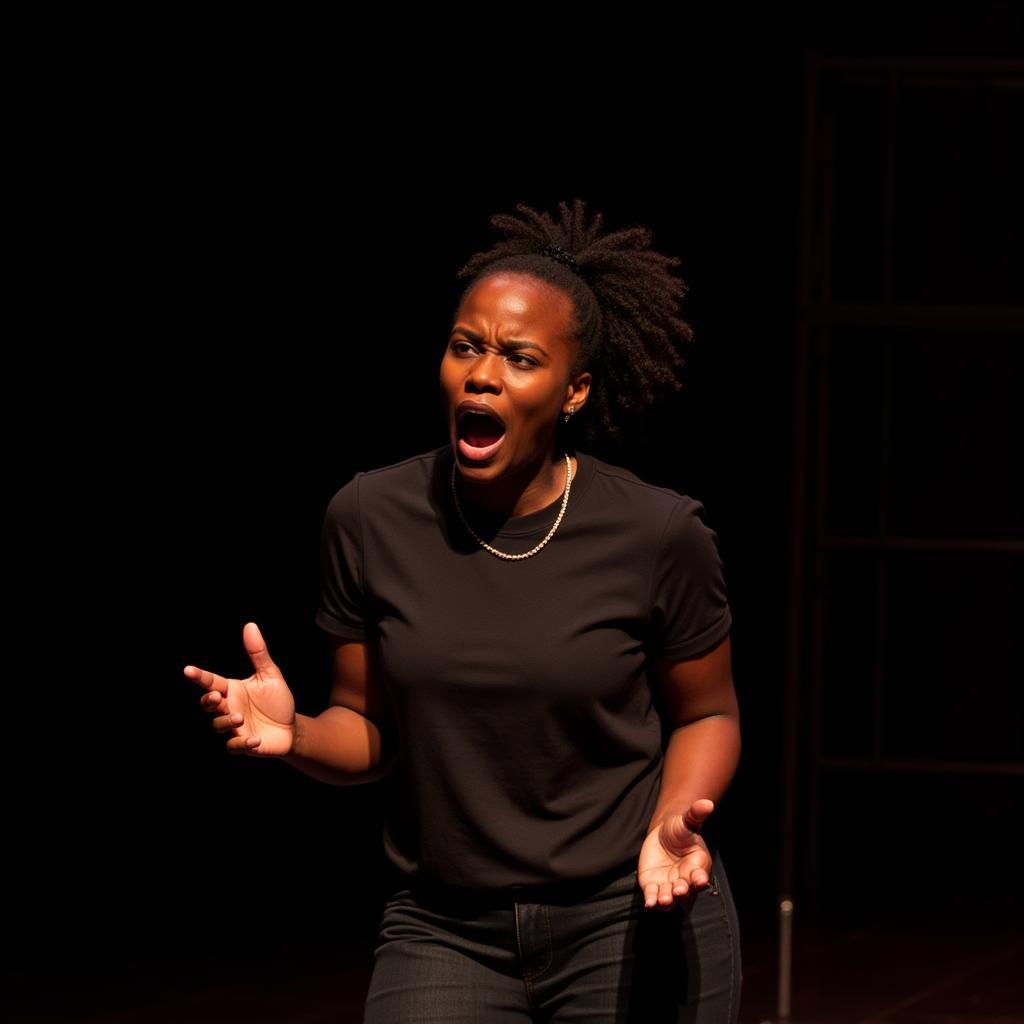 African actress delivering a powerful performance on stage