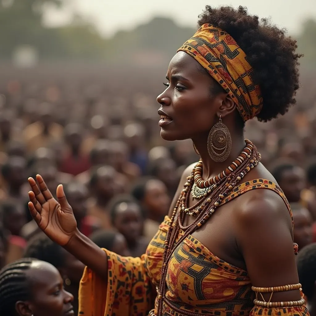 An African actress in character as a powerful queen, delivering a moving speech