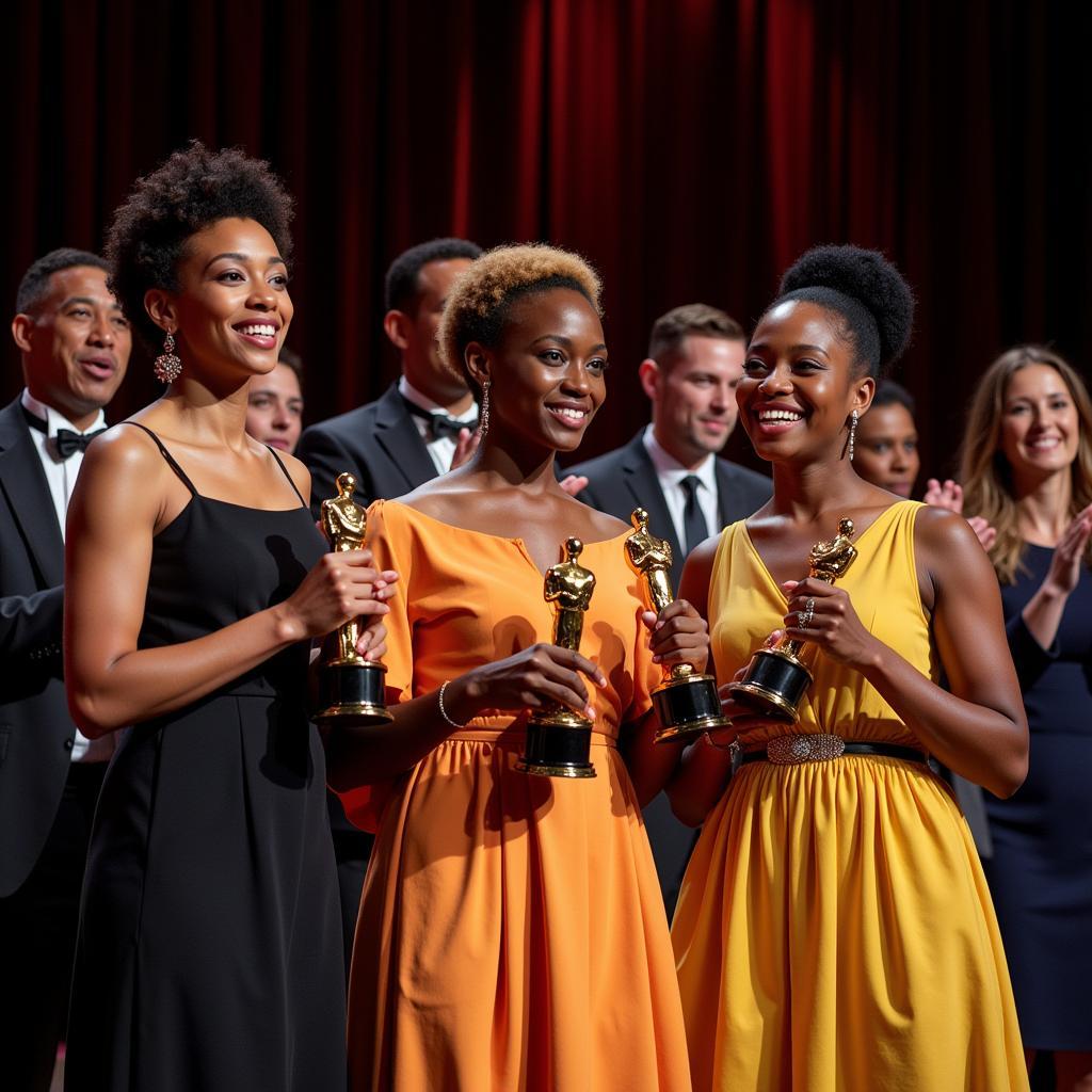 Group of African actresses holding awards at a ceremony