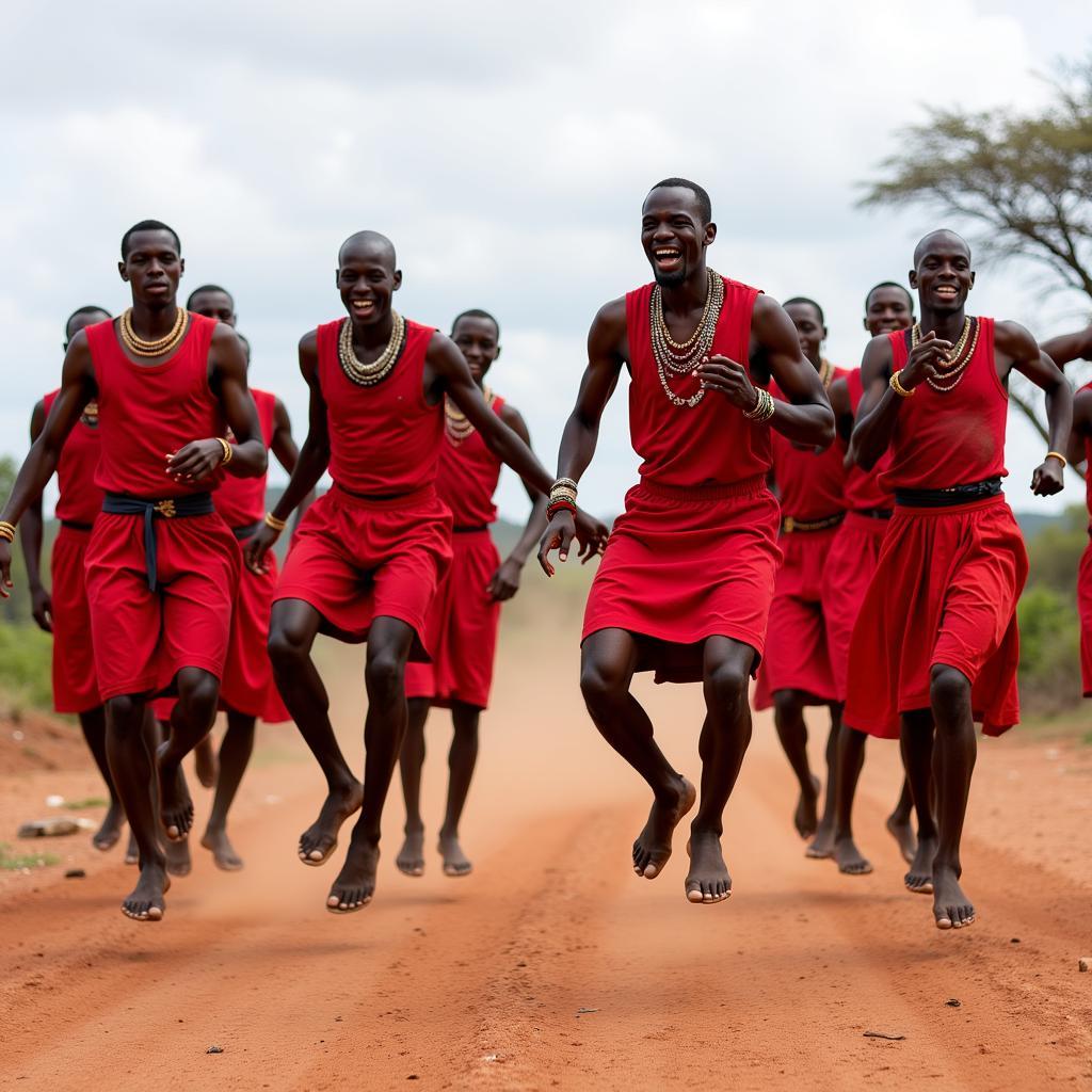 Maasai dancers performing a traditional jump