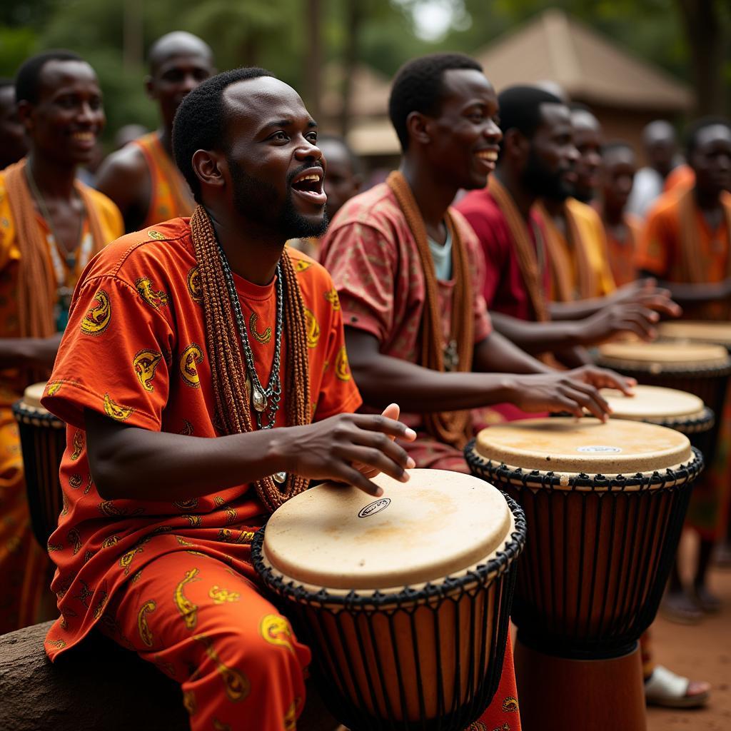 West African djembe drumming accompanying a traditional dance