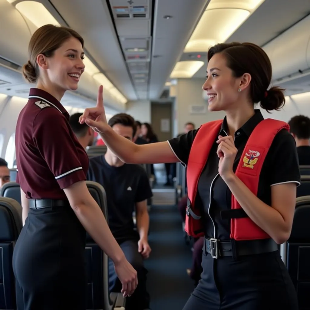 Flight attendant demonstrating safety procedures on an African airline