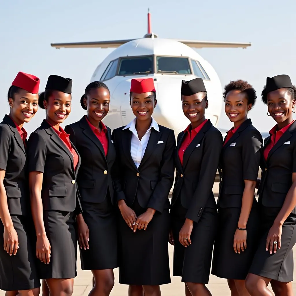 A group of diverse African airlines flight attendants pose for a photo