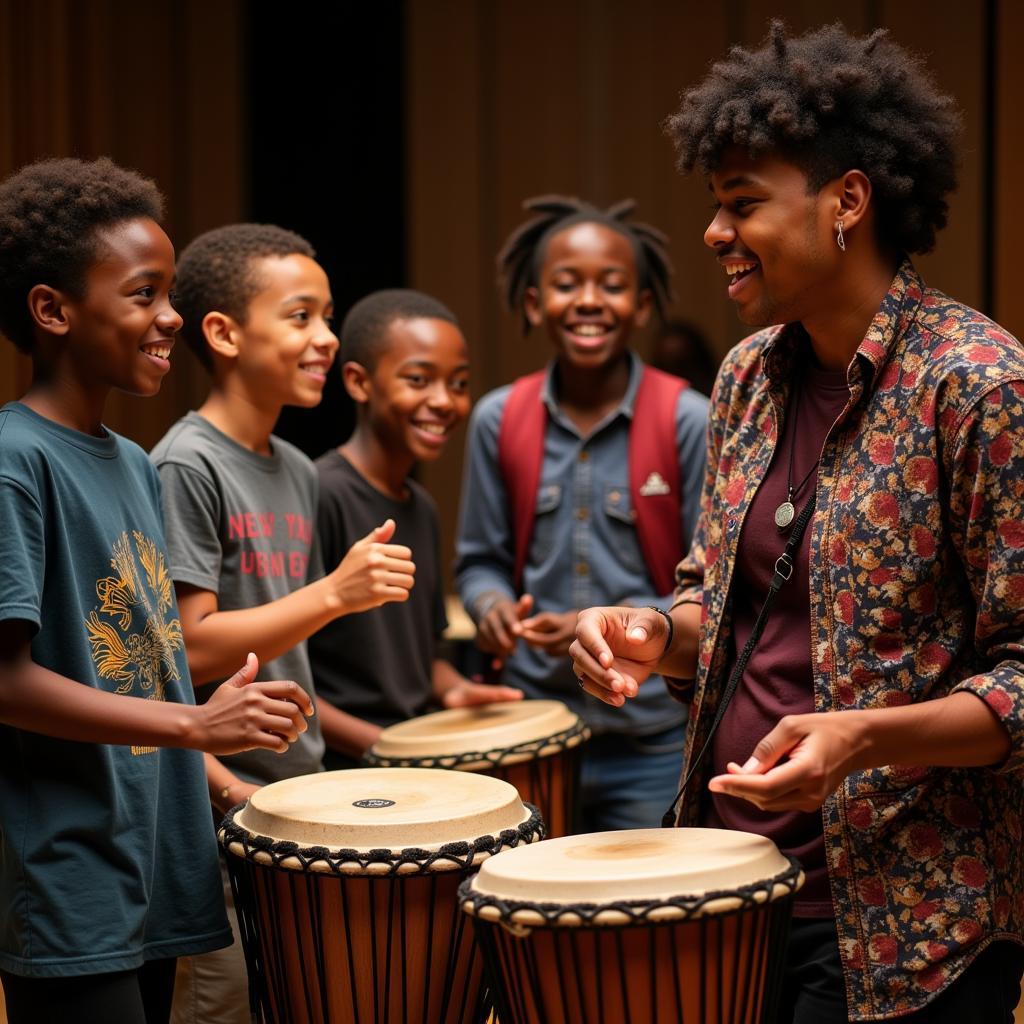 Participants engaged in an African drumming workshop at the African Alliance of San Diego 