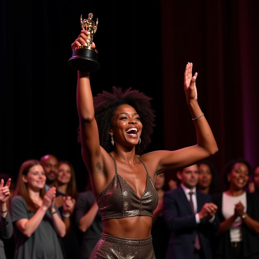 A talented young African American actress delivers an emotional acceptance speech on an awards show stage.