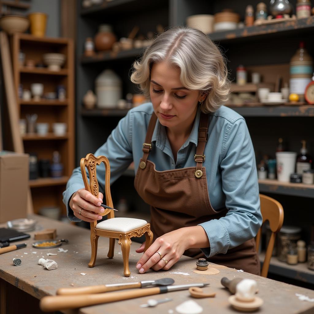 An African American artisan meticulously crafting miniature furniture for a dollhouse.