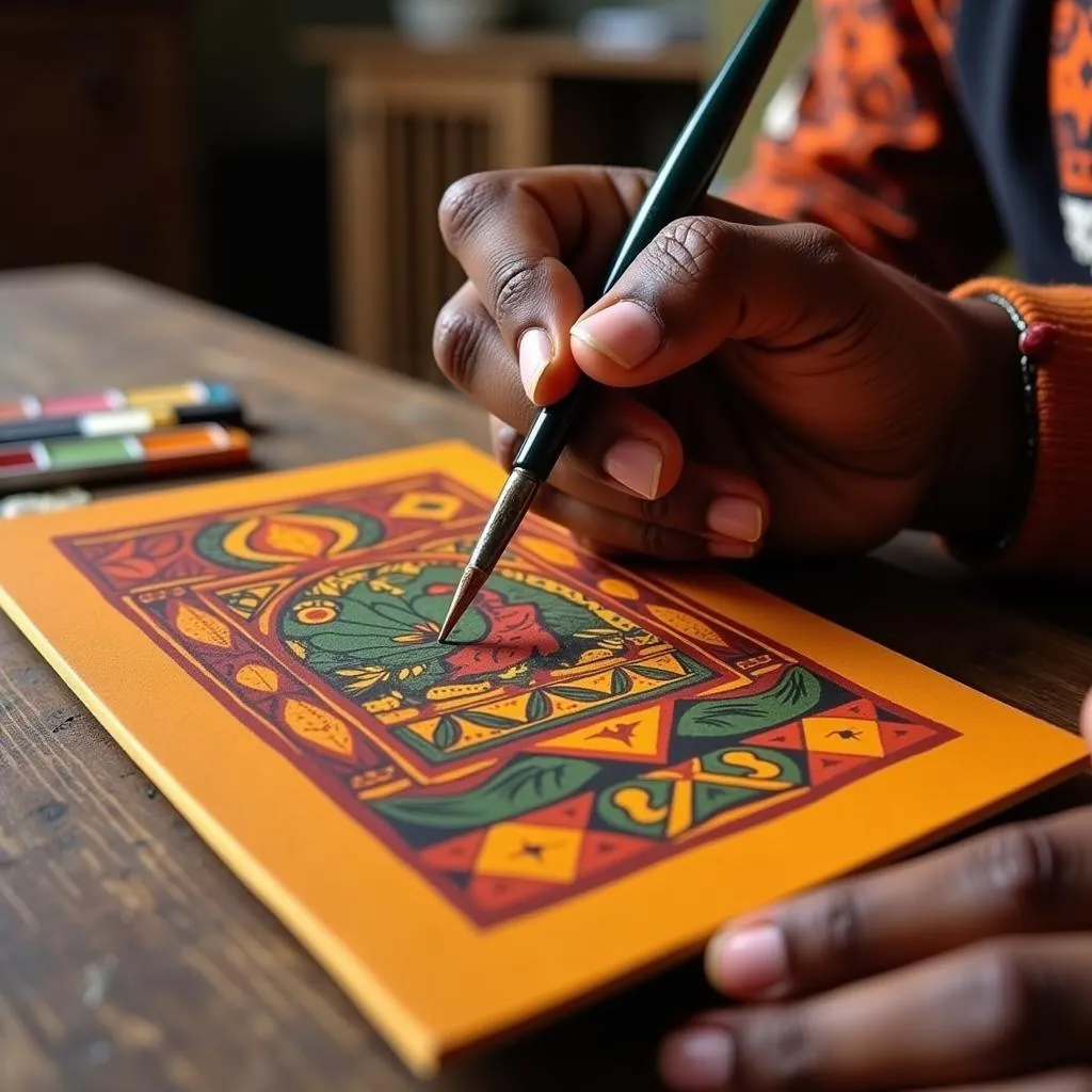 An African American artist sitting at a desk, surrounded by vibrant paints and brushes, creating unique and culturally significant Thanksgiving cards. 