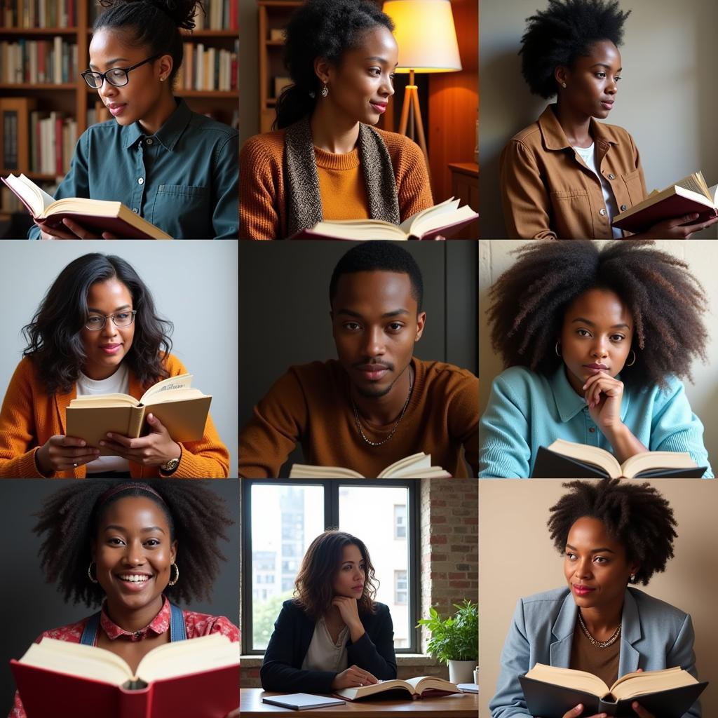 Diverse group of African American authors engrossed in their books