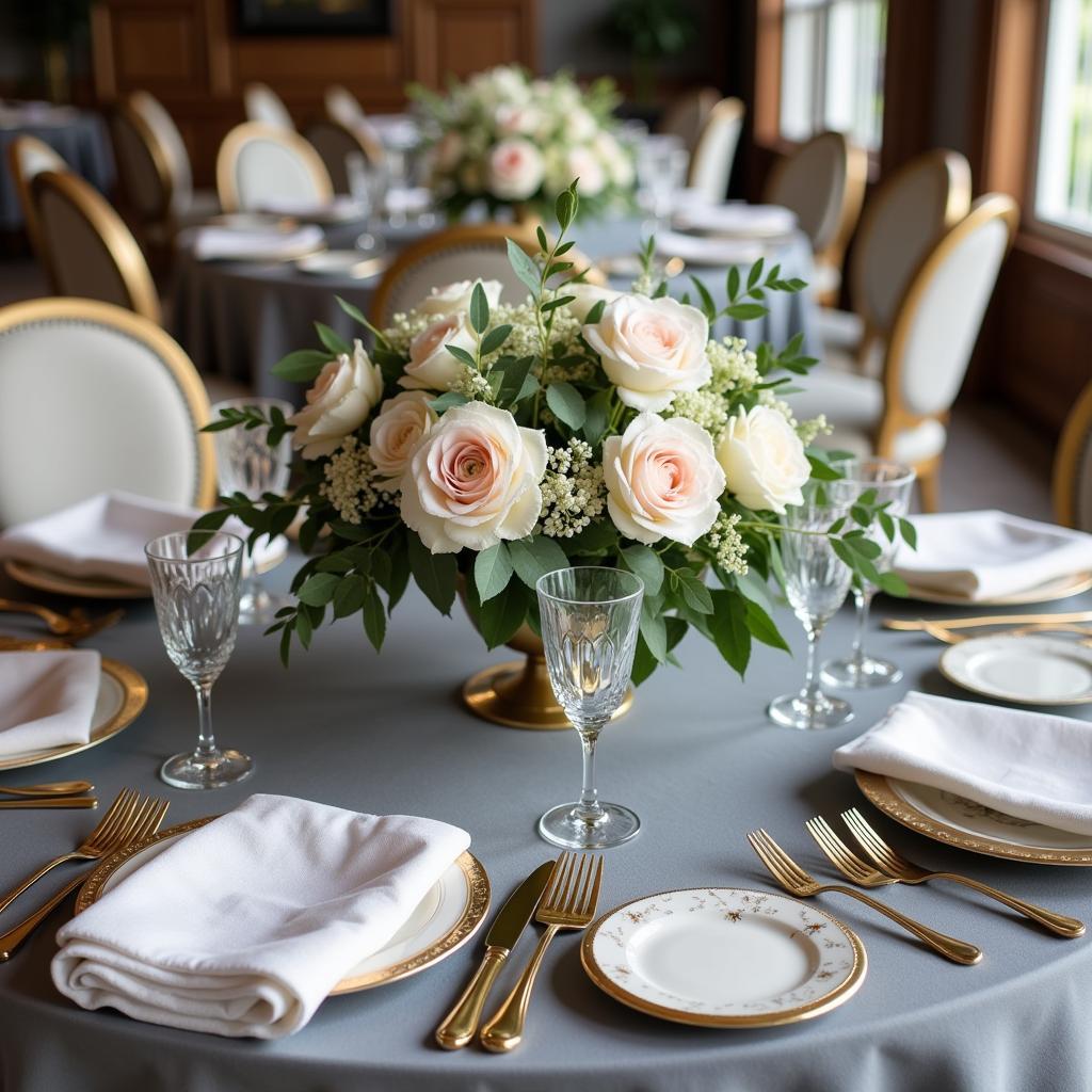 Grey and Gold Baby Shower Decor: Elegant Table Setting with Floral Centerpiece