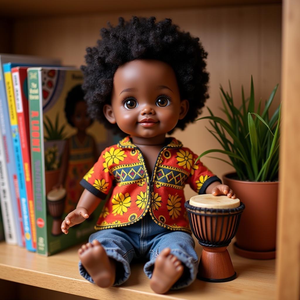 An african american boy doll dressed in a traditional dashiki and holding a toy drum.