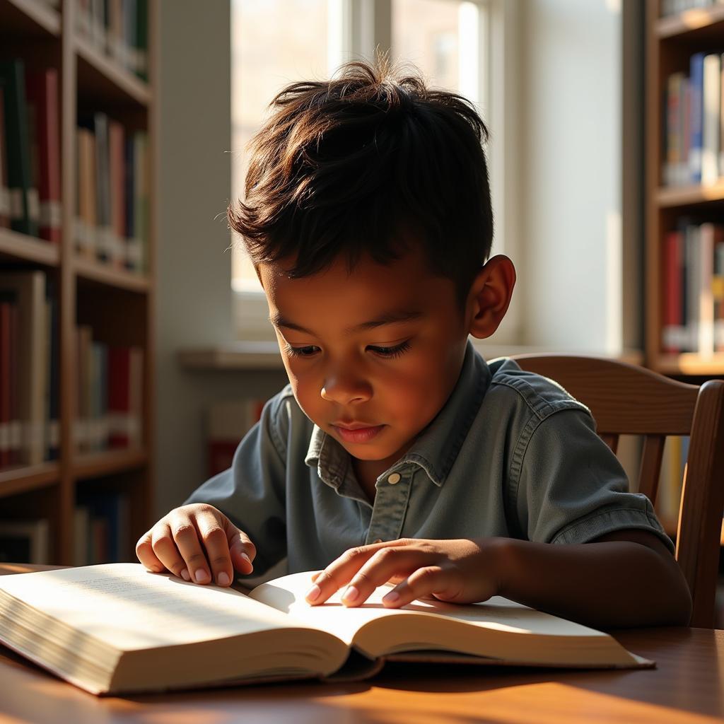 Young African American Boy Immersed in a Book at the Library