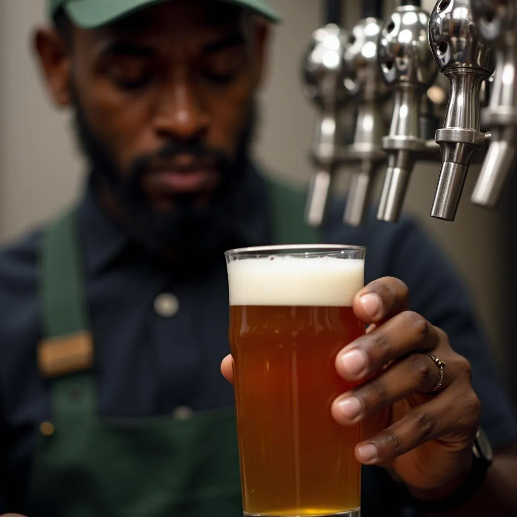 African American Brewer Inspecting Beer Quality