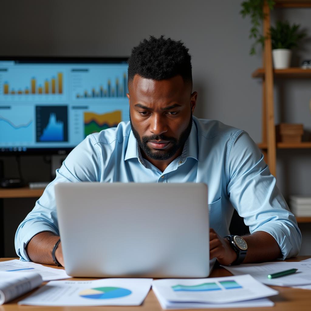 An African American business owner deeply engrossed in analyzing data on a laptop, surrounded by charts and graphs.