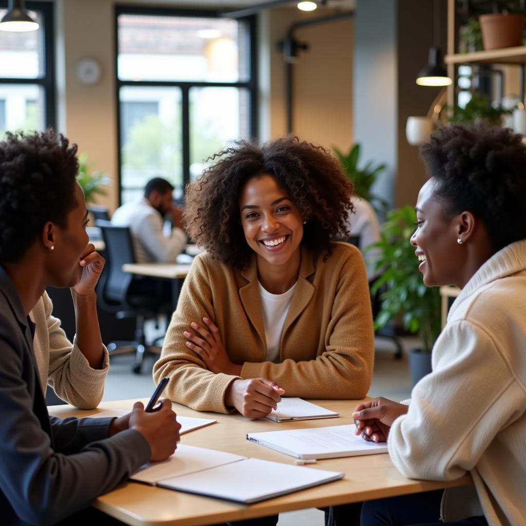 A group of African American business owners engaged in a lively discussion, brainstorming ideas and supporting each other's growth.