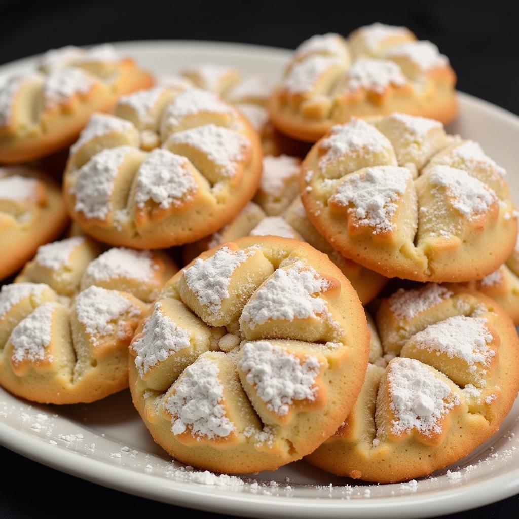 A platter piled high with golden-brown African American butter cookies, dusted with powdered sugar