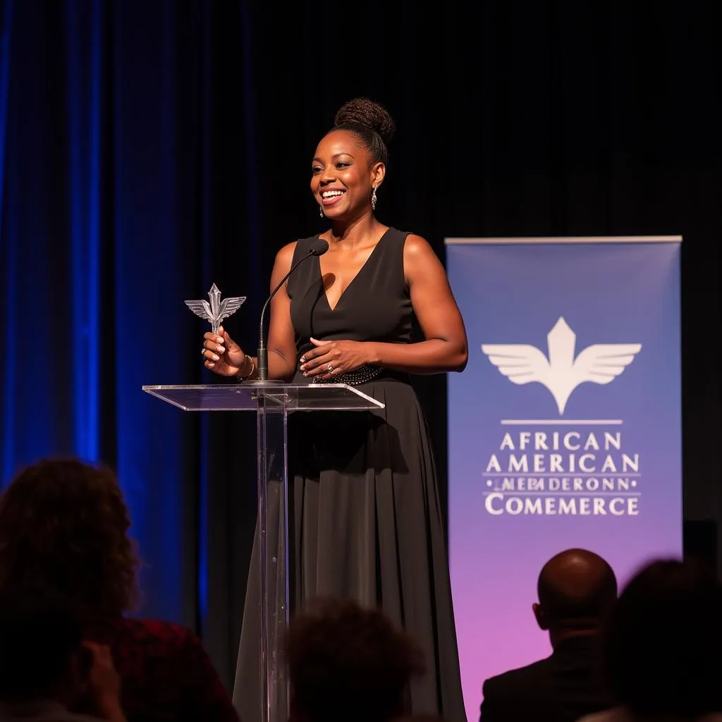  An award recipient on stage at an African American Chamber of Commerce Empowerment Luncheon