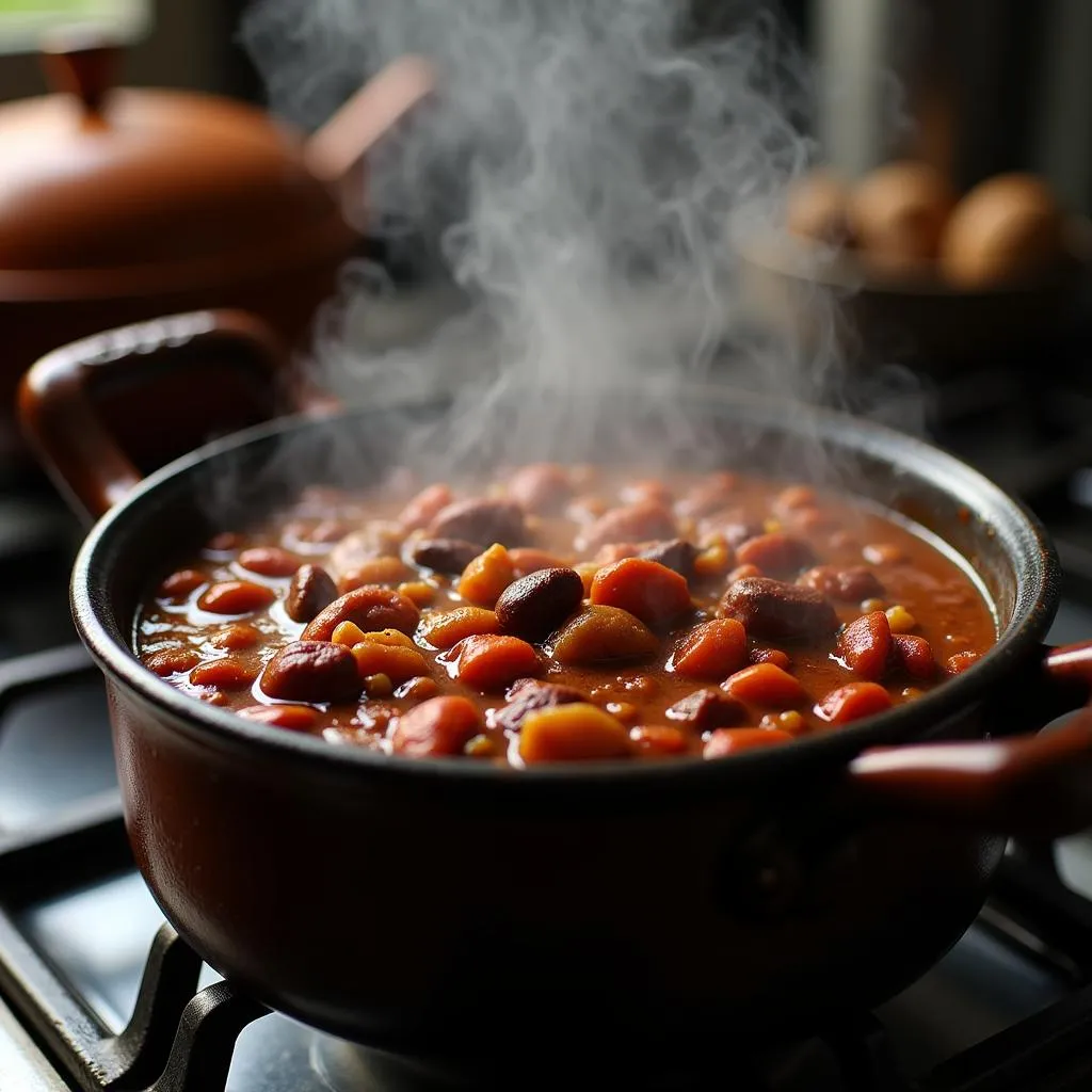 Pot of African American chili simmering on a stovetop.