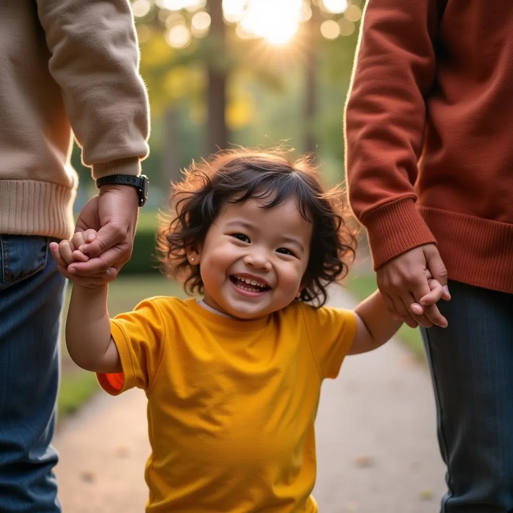 Smiling African American Chinese child holding hands with their parents