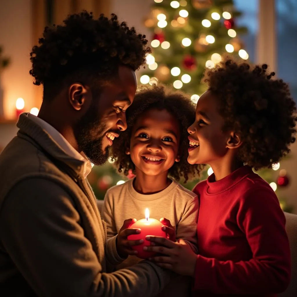 African American families gather around a decorated Christmas tree