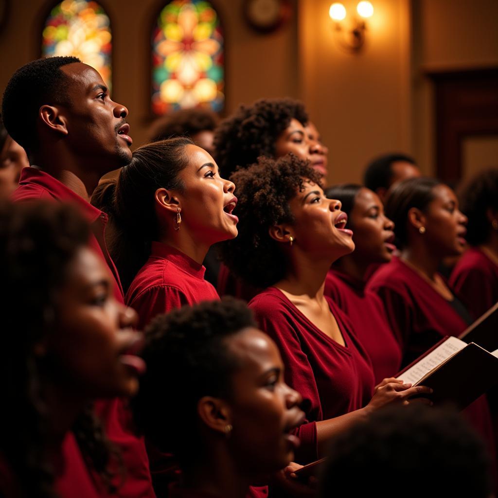 A church choir, dressed in vibrant robes, singing Christmas carols with passion and enthusiasm.