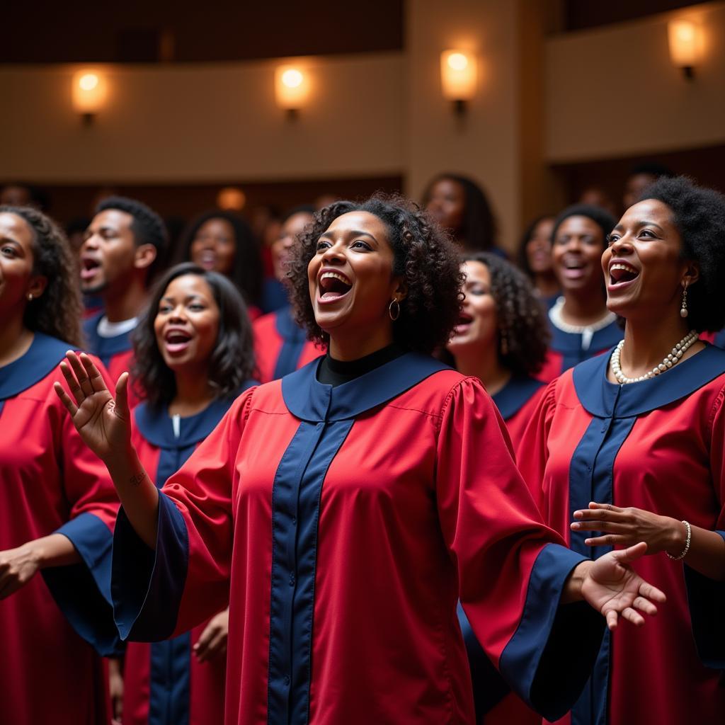 A church choir passionately singing gospel music