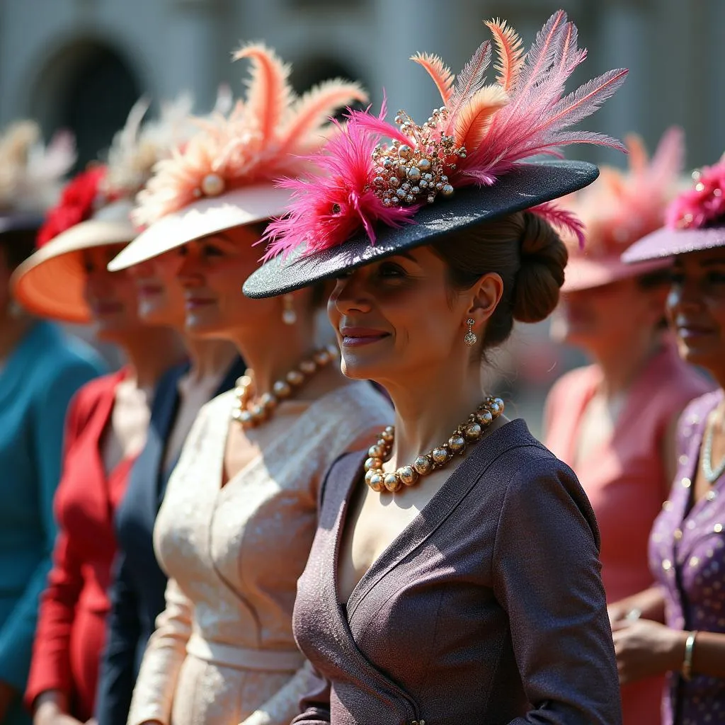 A gathering of women wearing elaborate and colorful church hats