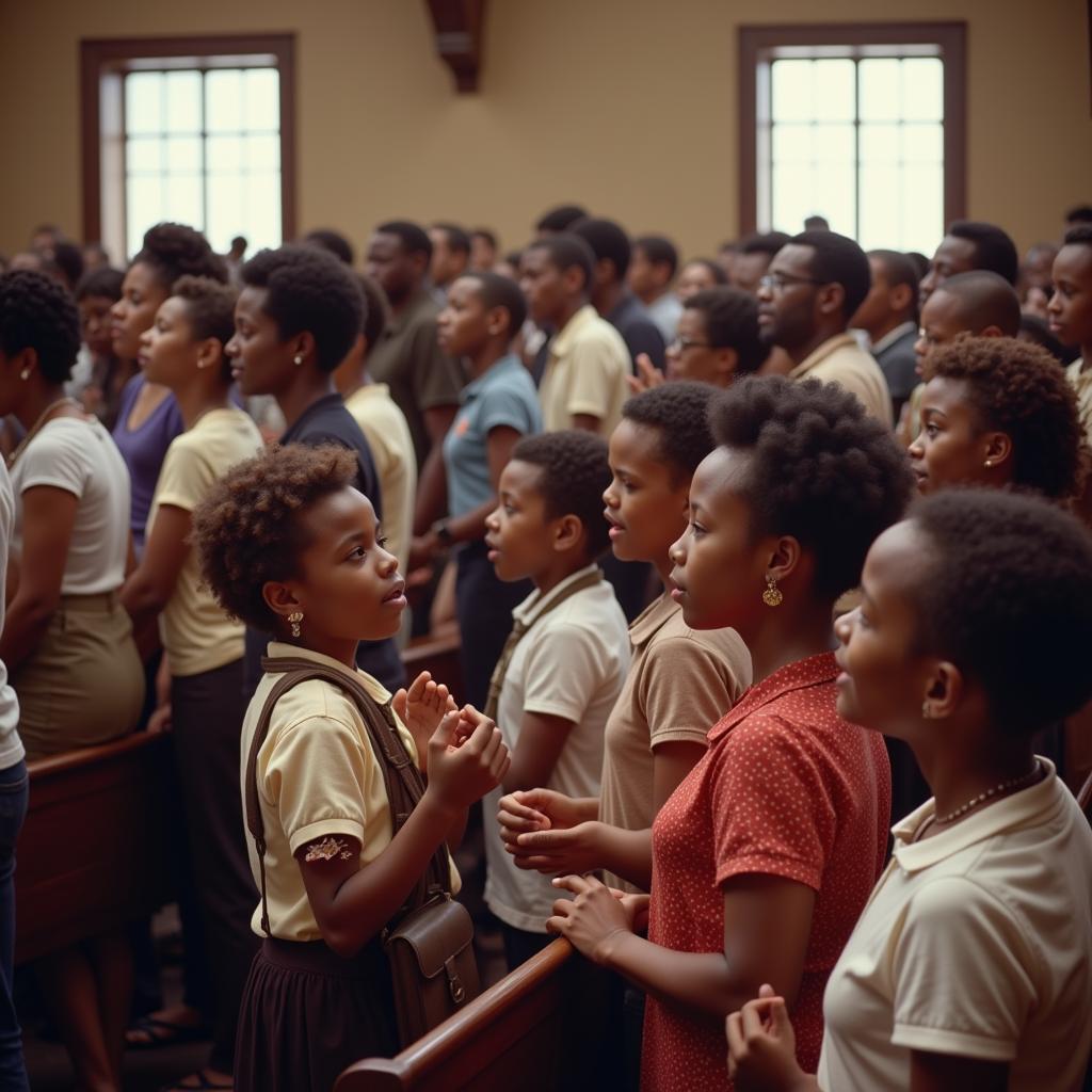 A crowded church service in the 1950s