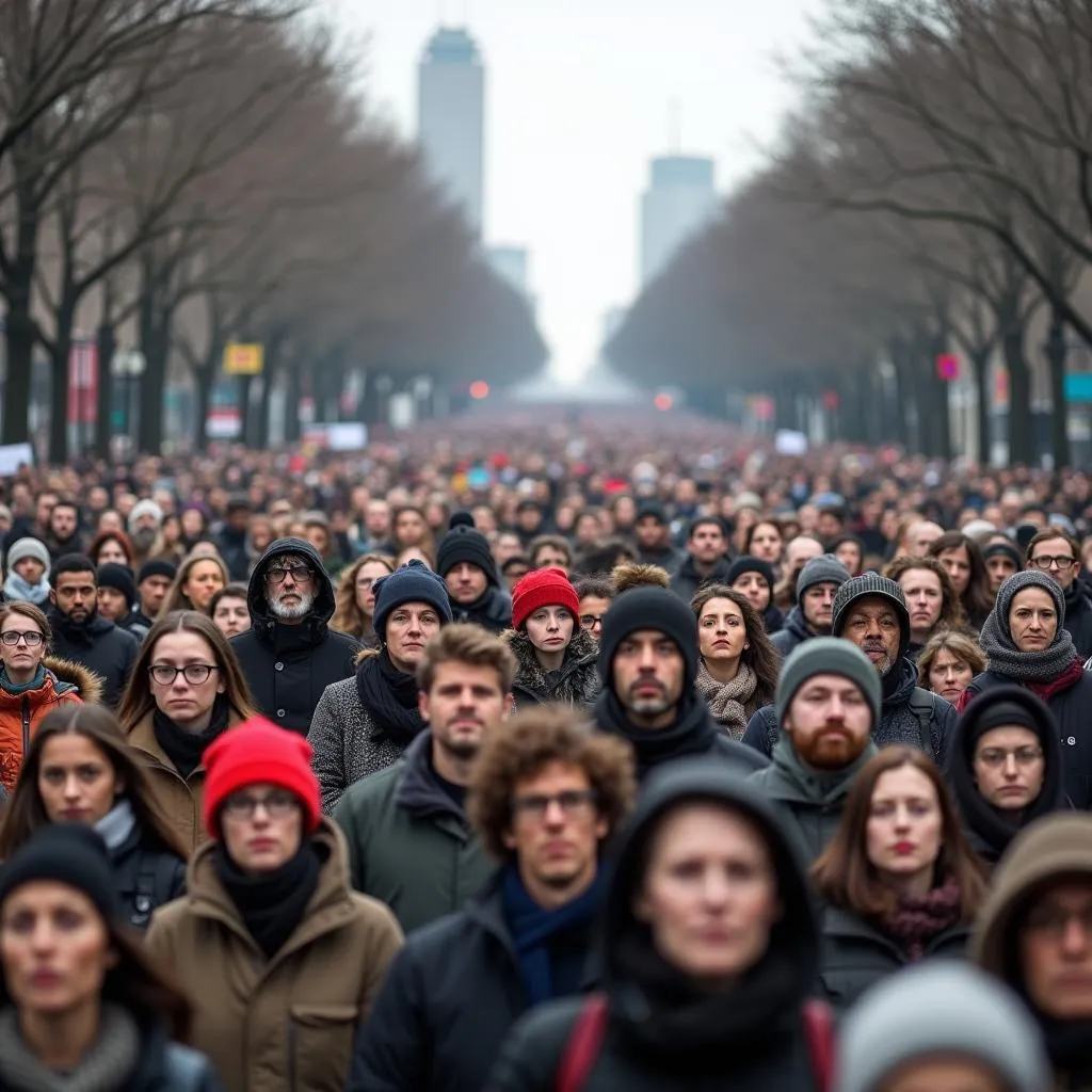 A powerful black and white image of a massive crowd of people marching for civil rights.