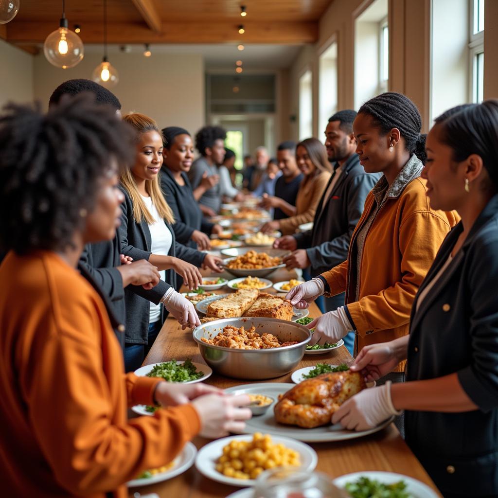 African American community members volunteering at a Thanksgiving event