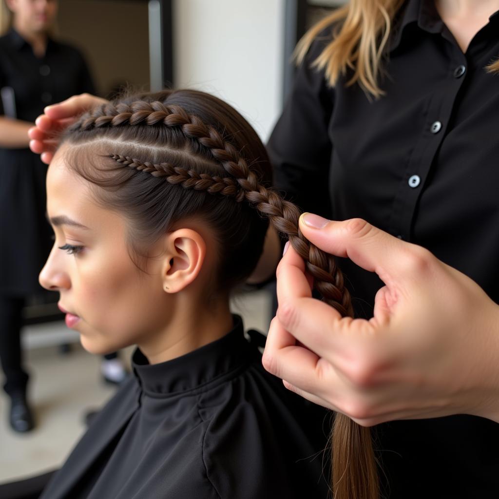 A Professional Hair Stylist Creating Cornrows