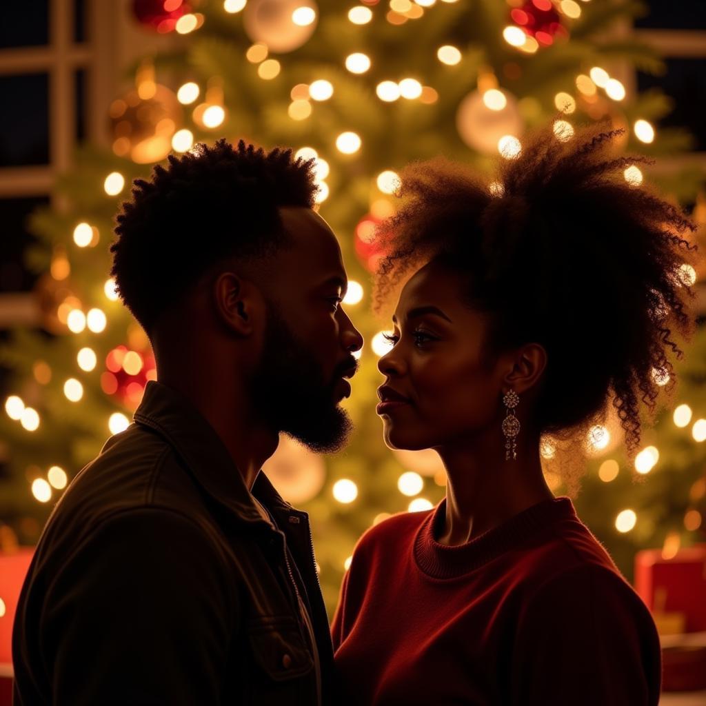 An African American couple sharing a romantic moment during Christmas