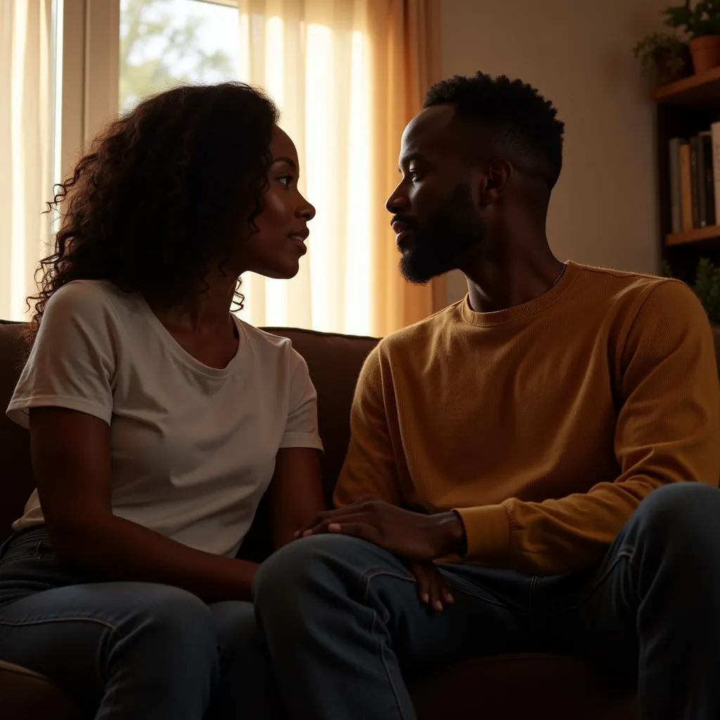 An African American couple engaged in a deep, heartfelt conversation in their living room, emphasizing the importance of open communication and empathy in their relationship.