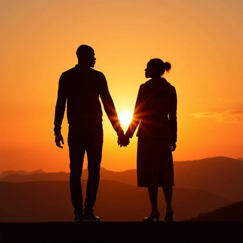 A loving African American couple holding hands, gazing towards the horizon, symbolizing shared dreams and a bright future together.