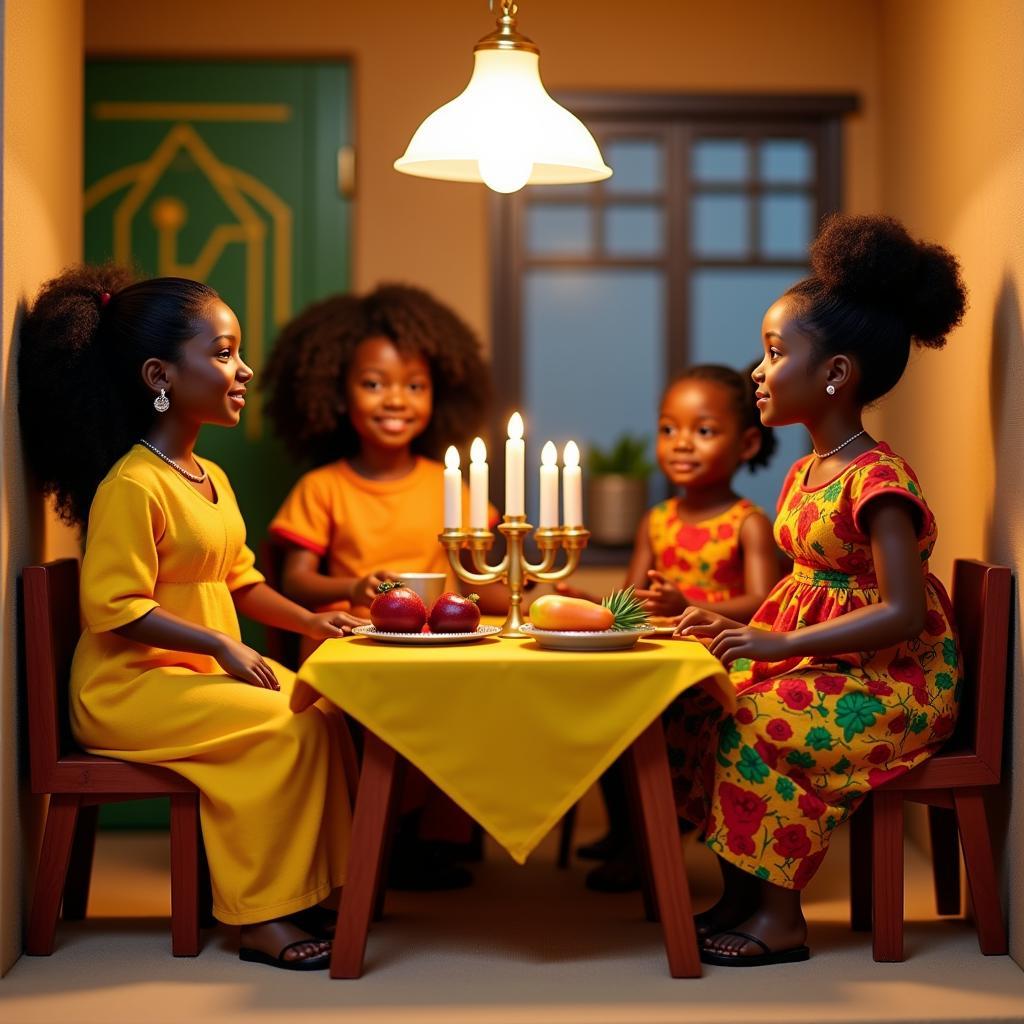 An African American dollhouse family celebrating Kwanzaa with traditional decorations and attire.